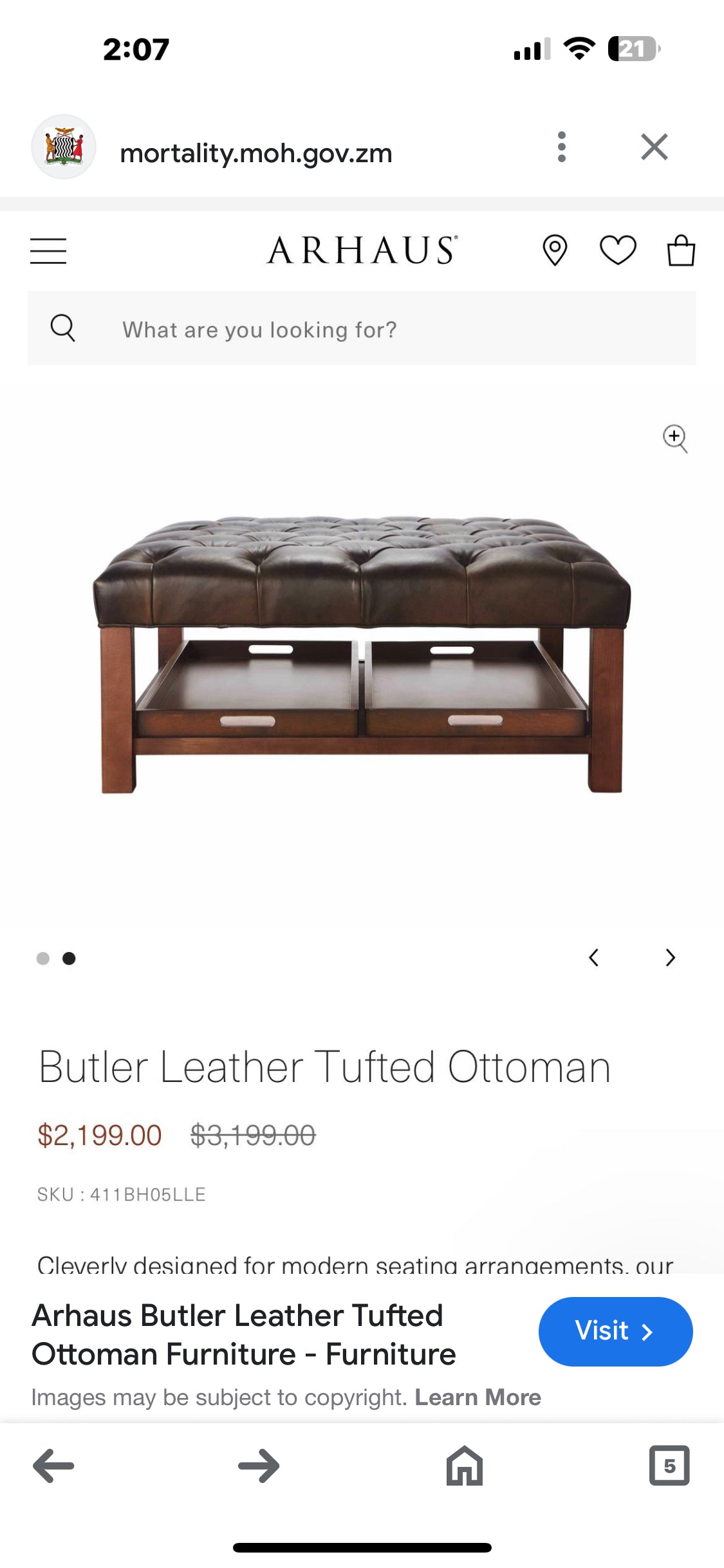 Arhaus Butler Leather Tufted Ottoman