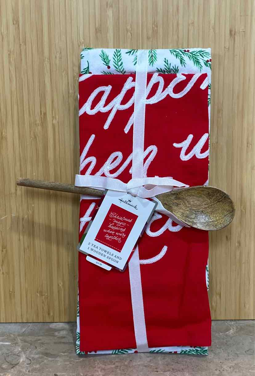 2 Tea Towels and 1 Wooden Spoon