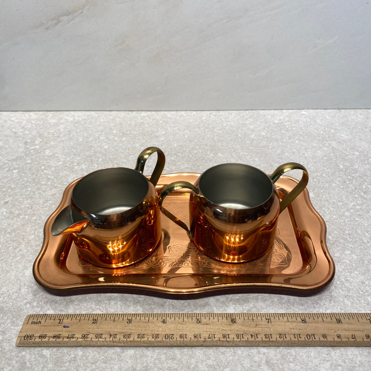Copper Sugar, Creamer, and Tray