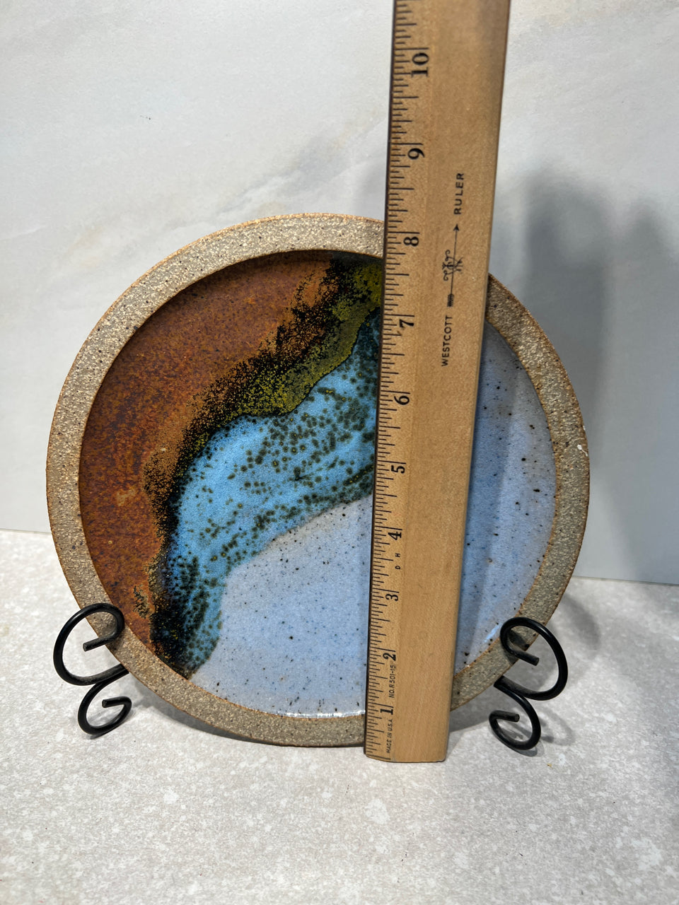 Signed Pottery Plate on Stand