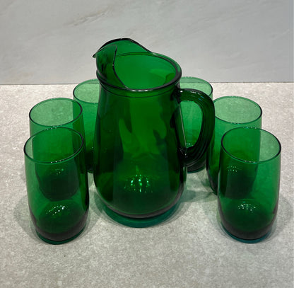 Green Pitcher and 6 Glasses