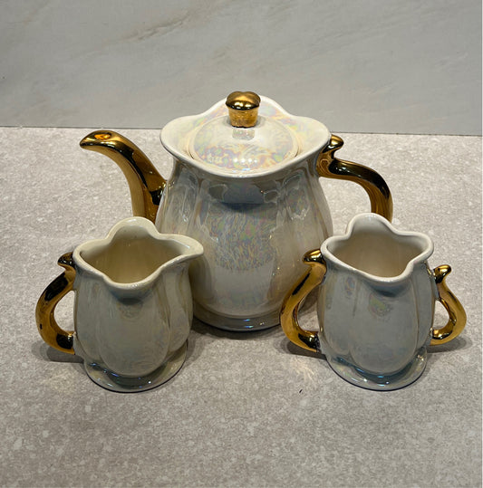 Pearl Teapot, Sugar, And Creamer
