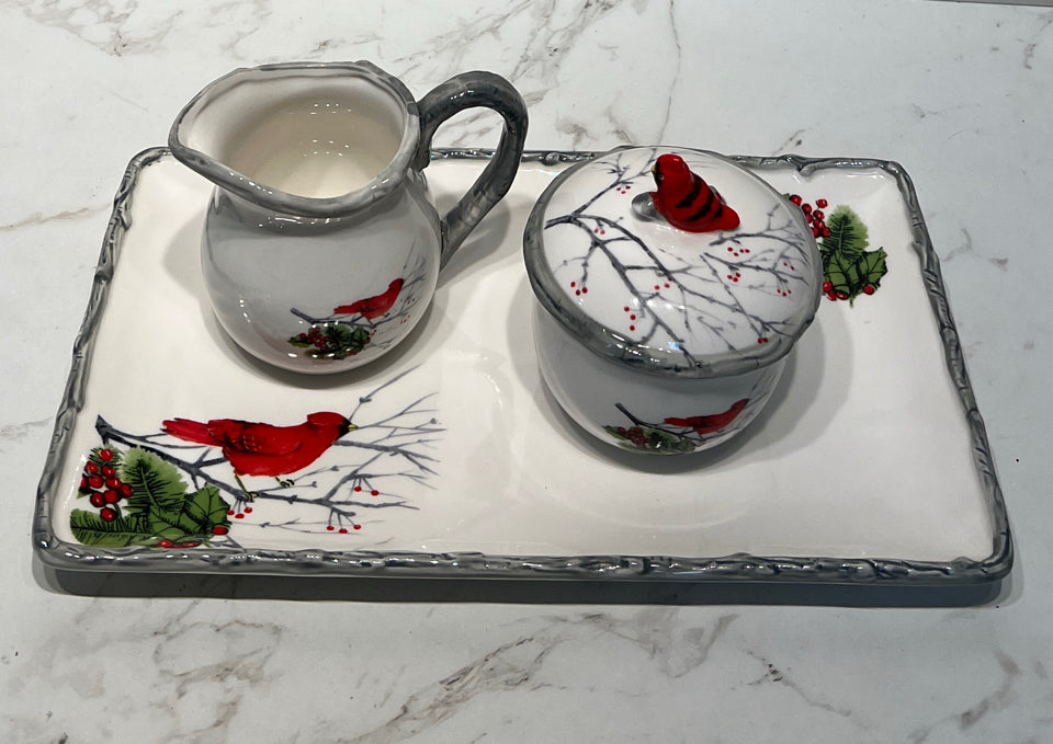 Cardinal Dish With Sugar And Creamer
