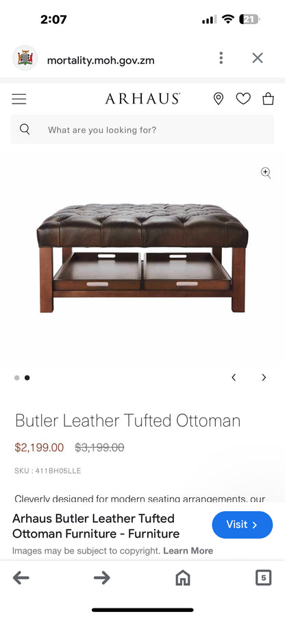 Arhaus Butler Leather Tufted Ottoman