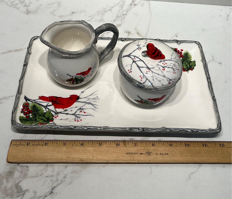 Cardinal Dish With Sugar And Creamer