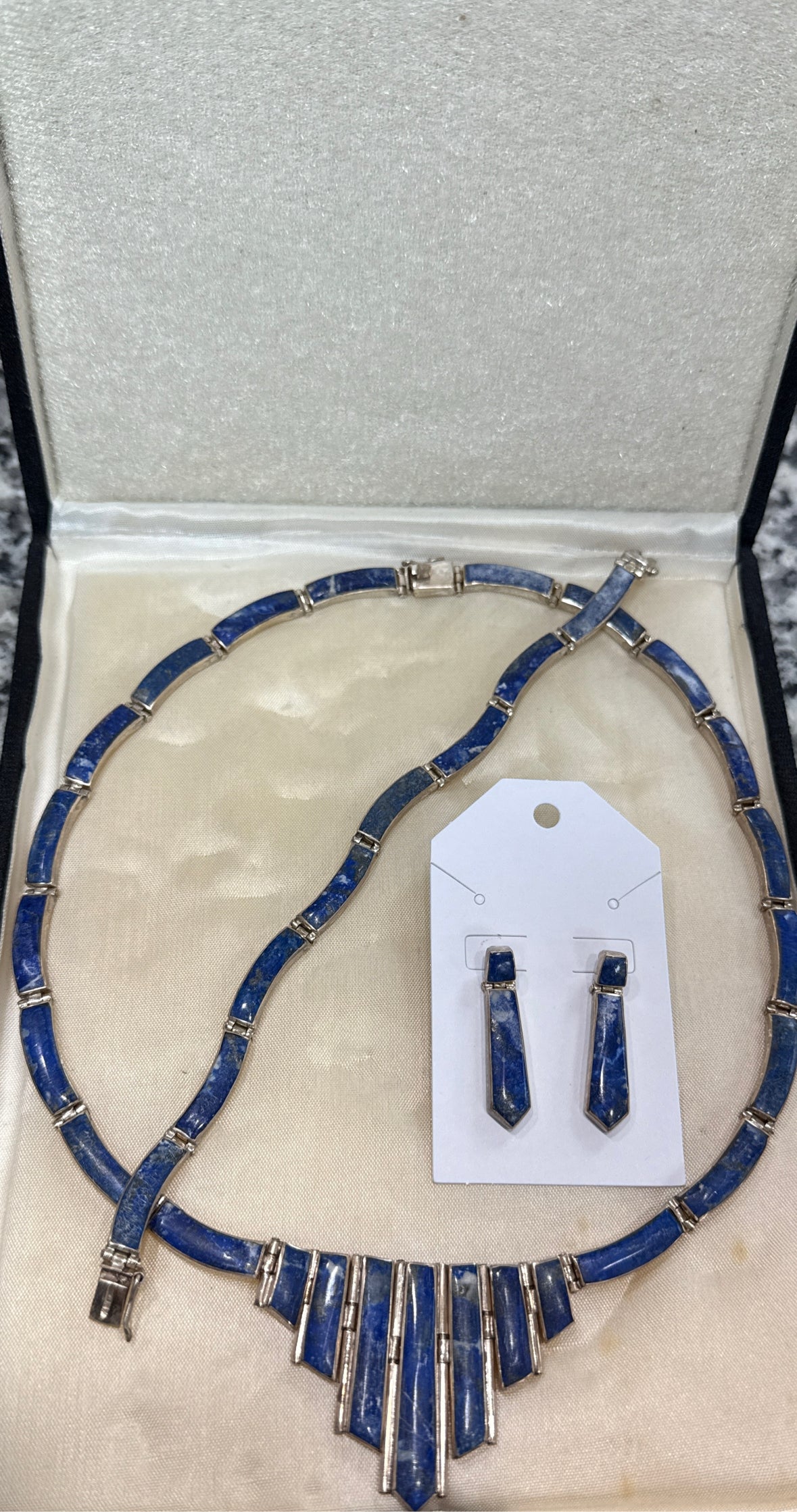 Sterling Lapis Necklace, Earrings, and Bracelet