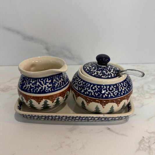 Polish Pottery Sugar, Creamer, & Tray