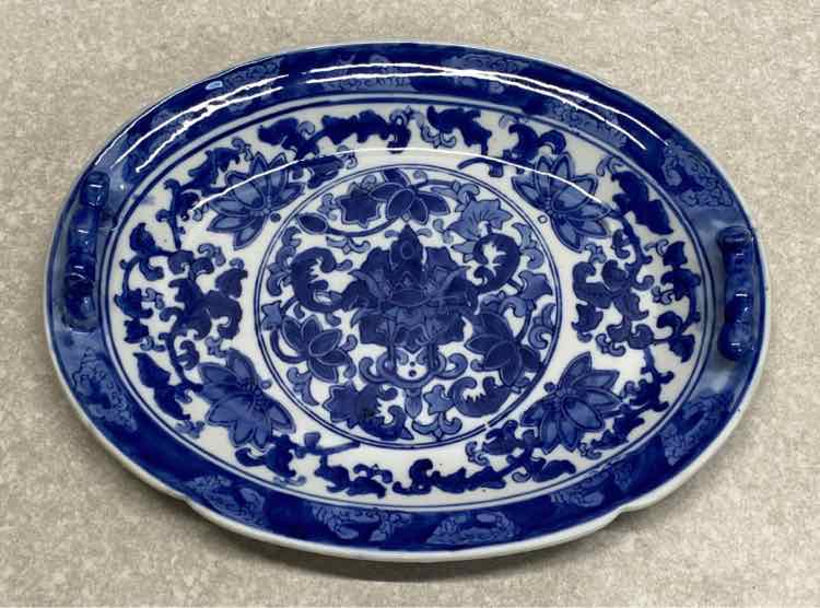 Blue And White Handled Dish