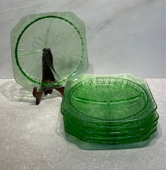 Set of 6 Uranium Divided Dinner Plates