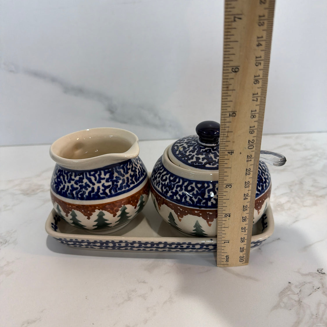 Polish Pottery Sugar, Creamer, & Tray