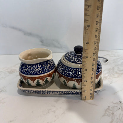 Polish Pottery Sugar, Creamer, & Tray
