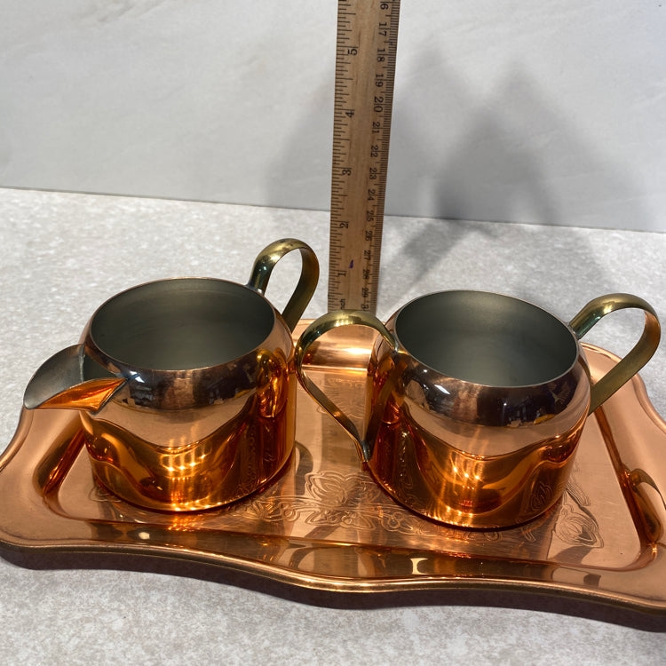 Copper Sugar, Creamer, and Tray