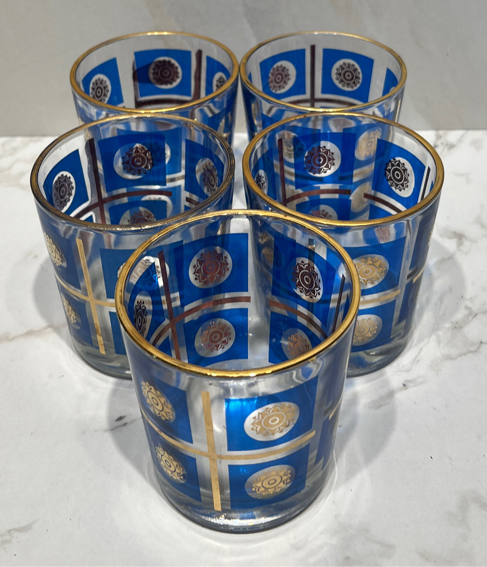 Set of 5 Gold Medallion Lowball Glasses