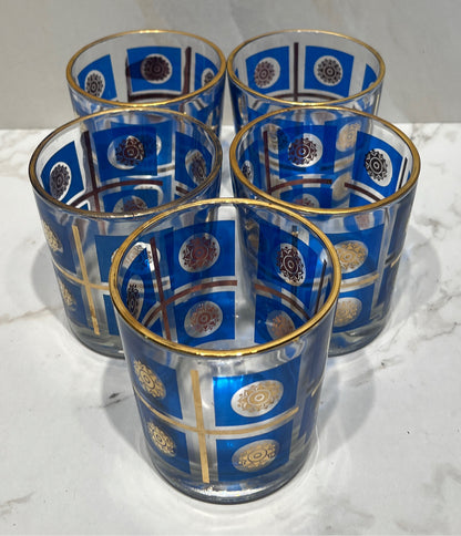 Set of 5 Gold Medallion Lowball Glasses