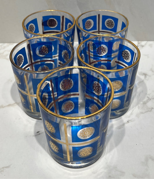 Set of 5 Gold Medallion Lowball Glasses