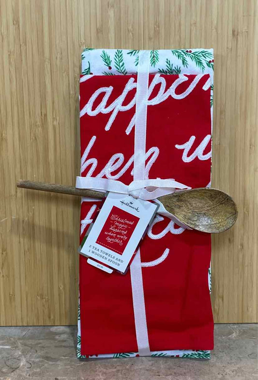2 Tea Towels and 1 Wooden Spoon