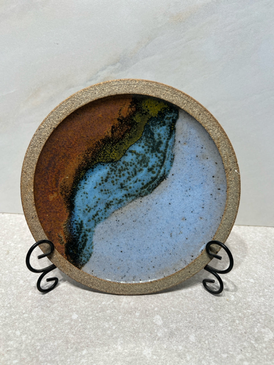 Signed Pottery Plate on Stand