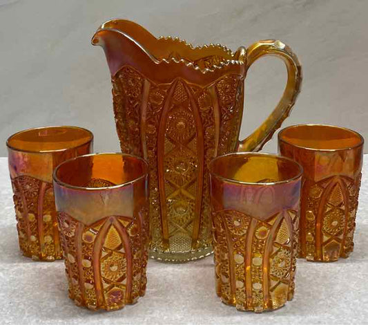 Carnival Glass Pitcher and 4 Glasses