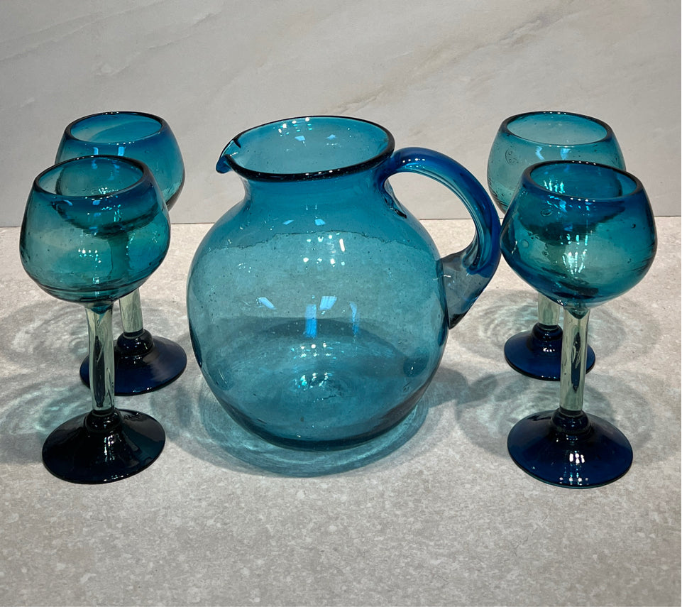 Blue Pitcher and 4 Glasses