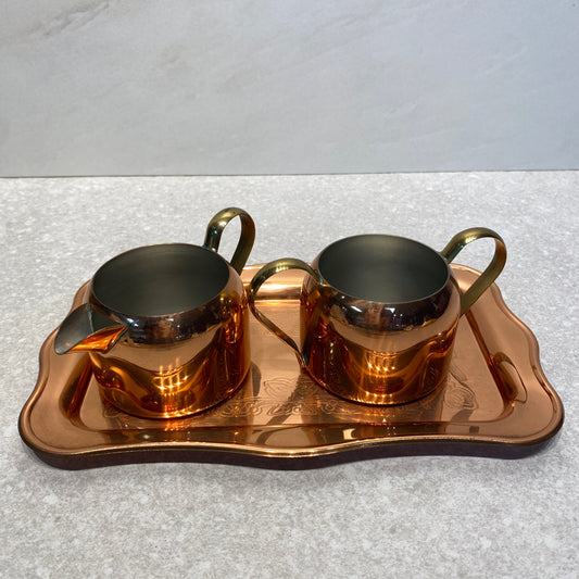 Copper Sugar, Creamer, and Tray