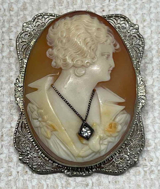 14KT Gold Cameo And Diamond Brooch