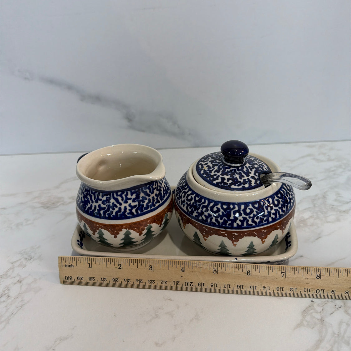 Polish Pottery Sugar, Creamer, & Tray