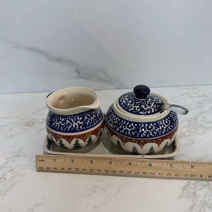 Polish Pottery Sugar, Creamer, & Tray