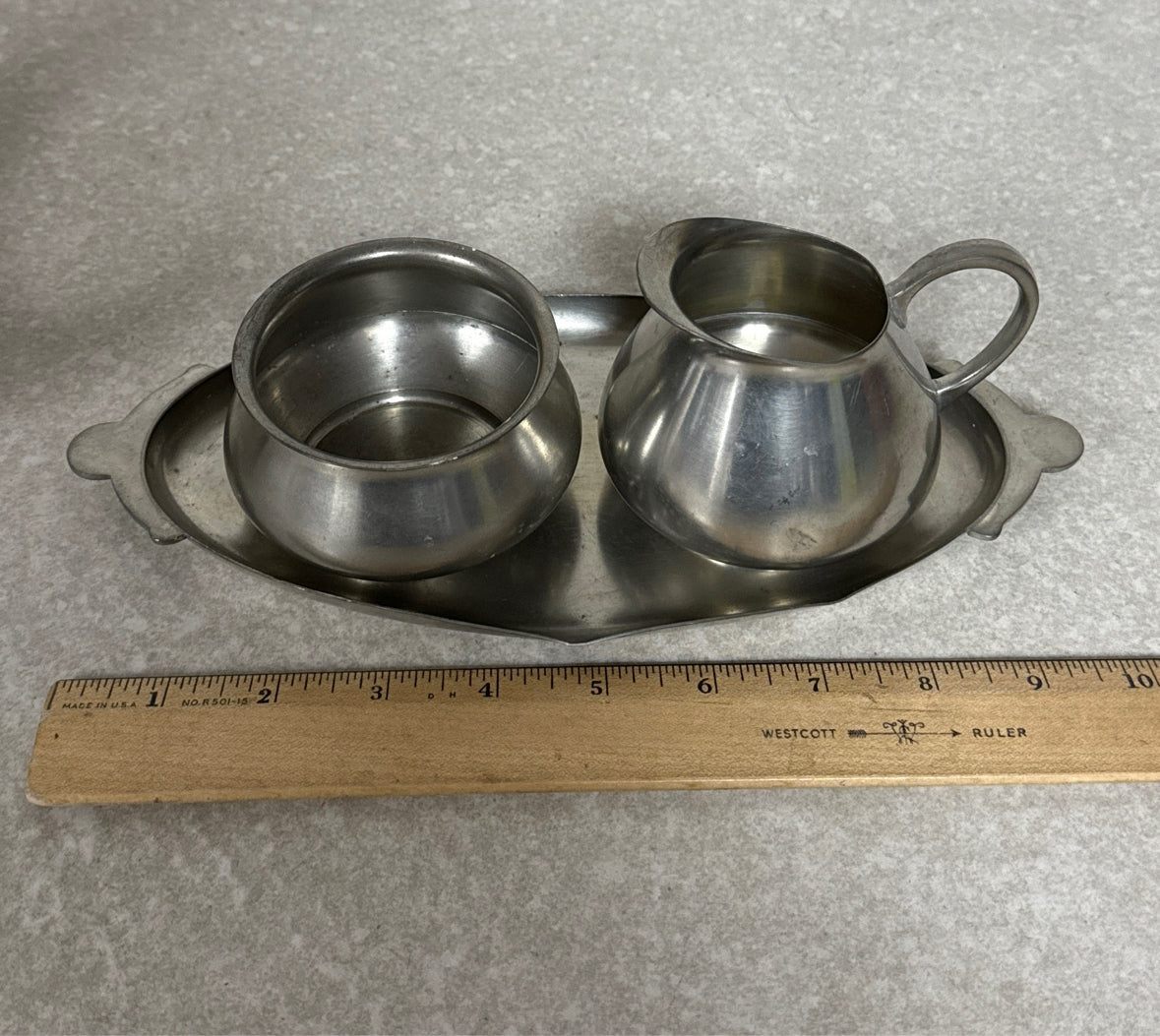Pewter Sugar And Creamer Set With Tray
